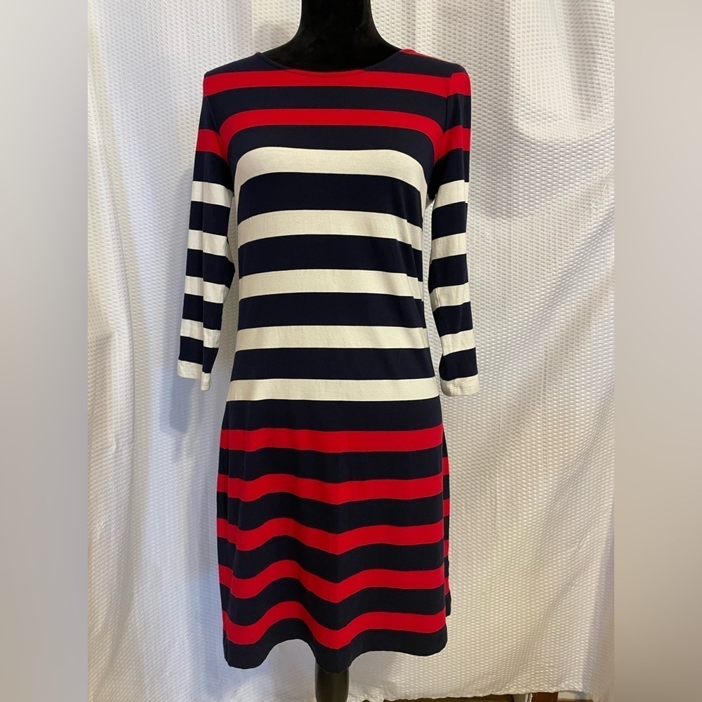 Tommy Hilfiger Red White & Blue Striped A-line 3/4 Sleeve Pullover Dress Size S